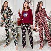 baratos Pijamas de Natal-Conjunto de Pijamas de Natal Feminino com Boneco de Neve e Árvore de Natal Confortável Gráfico do Pai Natal Cintura Elástica Camiseta Calça Férias em Casa Manga Longa Gola Redonda Rosa Vinho Vermelho