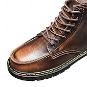 baratos Botas de combate-Botas de trabalho masculinas de couro bordô com cadarço, botas de combate vintage casuais de cano curto, duráveis para atividades ao ar livre &amp;sapatos de uso diário