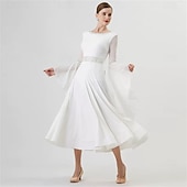 abordables Vêtements de Compétition-Robe de danse de salon pour femme, manches longues, taille strass, élégante, pour valse, tango, foxtrot, compétition – blanche