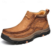 tanie Botki-brązowe, wsuwane buty męskie ze skóry ekologicznej – wygodne i wytrzymałe, z amortyzowaną wkładką, idealne do noszenia na co dzień, aktywności na świeżym powietrzu i codziennego użytku