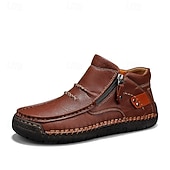 cheap Ankle Boots-Men's Brown Handmade Faux Leather Moccasin Shoes with Side Zipper and Non-Slip Sole, Comfortable Casual Loafers for Outdoor and Driving