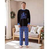 cheap Holiday Family Matching-Family Christmas Christmas Family Pajamas Pajamas Family Sets Graphic Plaid Snowflake Home Print Blue Long Sleeve Daily Matching Outfits