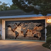 baratos Capas para portas de garagem-Capa de porta de garagem realista de madeira com design de mapa-múndi grande, cenário suspenso, painel decorativo educacional 3D para festas de fim de ano ao ar livre, decoração de quintal e casa