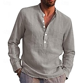 Men's Linen Shirt Band Collar Shirt Summer Shirt Beach Wear Solid Color Daily Hawaiian Black White Wine Navy Blue Long Sleeve Henley Spring & Fall Clothing Apparel Collared Shirts 16