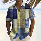 preiswerte Geometrische Muster-Herren Geometrisch Farbblock Patchwork Hemd Knopfhemd Kurzarm Modisch lässig Urlaub Ferien Streetwear Sommer Umlegekragen 3D-Druck Hemden mit Kragen Eine Tasche vorne Dunkelgelb Blau Braun Grün