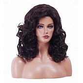 זול פיאות סינטטיות אופנתיות-פאות חום כהה 16 אינץ' לנשים פאה סינתטית טבעית גלית בצבע חום ארוכה לשנות ה-70 וה-80 לשימוש יומיומי