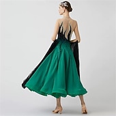 preiswerte Wettbewerbsbekleidung-Damen-Ballsaal-Tanzkleid mit Federschultern, Strass-Farbverlauf, Walzer-Tango-Wettbewerbskleid mit fließenden Chiffonärmeln – Grün-Schwarz