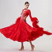 abordables Vêtements de Compétition-Robe de danse de salon pour femme, manches en plumes et strass, tenue de compétition de valse et de tango, avec dos transparent – rouge