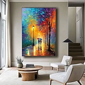 tanie Pejzaże-prezent świąteczny ręcznie malowany obraz olejny kolorowy spacer po mieście malarstwo na płótnie romantyczna para sztuka abstrakcyjne płótno deszczowe światła uliczne dekoracja ścienna nowoczesny