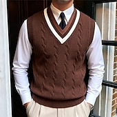 halpa miesten villapaita-Miesten Neulepusero Neulottu villapaita Joustin Kaapeli Neuloa Tavalliset topit Kudottu Tavallinen V kaula-aukko Pidä Lämmin Moderni nykyaikainen Loma Katu Vaatetus Hihaton Syksy Talvi Beesi Kahvi M