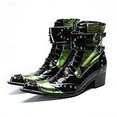 economico Stivali in pelle di alta qualità-stivali western da uomo in vera pelle verde con motivo coccodrillo e cinturino con fibbia, stivaletti da cowboy in pelle bovina al 100% per palcoscenici, feste e spettacoli di moda