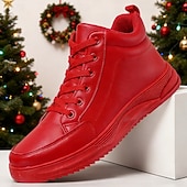 baratos Tênis Casuais-Tênis masculinos de cano alto em couro sintético vermelho – calçado moderno e confortável para uso casual no Natal e passeios de fim de ano