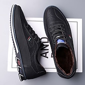 baratos Sapatos Casuais com Cadarço-Tênis masculino preto de couro sintético com forro de pele macia e sola antiderrapante, calçado casual quente para caminhadas no inverno, viagens ao ar livre e uso diário