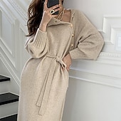 abordables Robes pull-Femmes Robe Midi Robe Pull Élégant Mode Moderne Quotidien Fête Sortir Coupe régulière Uni manche longue Col haut Noir Chameau Abricot Printemps Automne Hiver