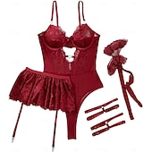 economico Regali-Set Babydoll Lingerie Teddy Bodysuit Collant a Rete con Accessori Donne Lingerie in Rete e Pizzo Elegante Indumento Notturno Adulti Casa Vestire Regalo di San Valentino per Lei