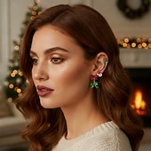 abordables Anillos de mujer-Conjunto de pendientes navideños: colección de joyas navideñas con lazos rojos y verdes, Papá Noel, árbol de Navidad y perlas.