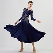 economico Abbigliamento da Competizione-abito da ballo da sala da donna, elegante abito da competizione per tango, valzer, foxtrot, con spalline asimmetriche e strass – blu navy
