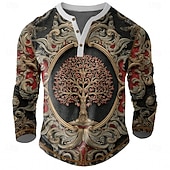 abordables Vintage y retro-Hombre Graphic Árboles Henley Shirt Tee Manga Larga Vintage Elegante Casual Diario Exterior Primavera Primavera &amp; Otoño Azul Oscuro Verde Trébol Caqui Henley Camiseta Henley