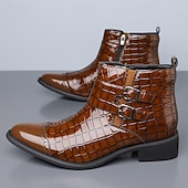 Недорогие Платье ботинки-Мужские коричневые ботинки с двойной пряжкой, верх с тиснением под крокодиловую кожу, стильный формальный дизайн для деловых встреч, свадеб и особых случаев.