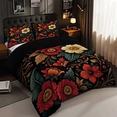 Χαμηλού Κόστους Σετ παπλωματοθήκης-Σετ παπλωματοθήκης 3 τεμαχίων με ρετρό τρισδιάστατη εκτύπωση λουλουδιών από πούπουλα για κρεβάτι queen size, μαλακό κοντό βελούδινο κάλυμμα παπλώματος με 2 μαξιλαροθήκες - κλινοσκεπάσματα υπνοδωματίου