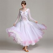 economico Abbigliamento da Competizione-abito da ballo da sala da donna, elegante abito da competizione in tulle a strati con strass floreali sfumati, per valzer, tango, foxtrot – bianco e rosa