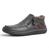 cheap Ankle Boots-Men's Brown Handmade Faux Leather Moccasin Shoes with Side Zipper and Non-Slip Sole, Comfortable Casual Loafers for Outdoor and Driving