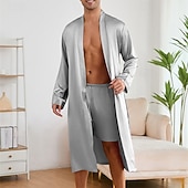 preiswerte Morgenröcke-Herren Schlafanzug Seidenrobe Nachtwäsche Schlafanzug Set Einfach Mode Stilvoll Klassisch Heim Täglich Bett Polyester Komfort Weich V Ausschnitt Langarm Frühling Herbst Champagner Wein