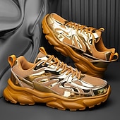 economico Sneakers Casual-Sneakers da uomo color oro metallizzato con suola spessa e finitura riflettente, scarpe da corsa alla moda con lacci per abbigliamento streetwear, da festa e casual