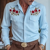tanie zachodnie koszule męskie-Męskie Kwiatowy wzór Kwiaty Koszula Koszula westernowa Kowbojska koszula Długi rękaw Vintage Retro Codzienny Na zewnątrz Odzież robocza Wiosna Jesień Wieczorne Dwie kieszenie z przodu Koszula z lnu