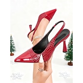 abordables zapatos de tacón con tira-Zapatos de tacón con tira trasera, de charol rojo con estampado de cocodrilo, ideales para fiestas navideñas, cenas festivas o conjuntos elegantes.