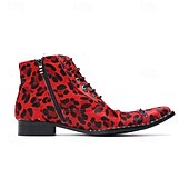 Miesten punaiset leopardikuvioiset nahkaiset nilkkurit, joissa nauhat ja terävä kärki, 100% naudannahkaa, muotisaappaat lavalle, klubeille ja trendikkäisiin asuihin. halpa Miesten joulukengät-Miesten punaiset leopardikuvioiset nahkaiset nilkkurit, joissa nauhat ja terävä kärki, 100% naudannahkaa, muotisaappaat lavalle, klubeille ja trendikkäisiin asuihin.