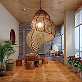Romantic Beach Lamp Shade Curved Rattan Ceiling Hanging Light in Brown Hand Woven Lamp Vintage Asian Style Industrial Lighting Fixture for Cafe Bar Restaurant Farmhouse cheap Pendant Lights-Romantic Beach Lamp Shade Curved Rattan Ceiling Hanging Light in Brown Hand Woven Lamp Vintage Asian Style Industrial Lighting Fixture for Cafe Bar Restaurant Farmhouse