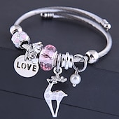 baratos Pulseira Feminina-pulseira de prata charmosa com pingente de amor e pingente de rena, pulseira ajustável de contas de cristal para mulheres