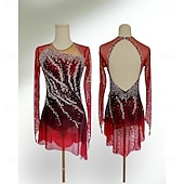 baratos Vestidos de Patinação Artística-Vestidos para Patinação Artística Mulheres Para Meninas Patinação no Gelo Vestidos Vermelho Patchwork Thumbhole Elastano Com Transparência Elasticidade Alta Treino Competição Roupa para Patinação
