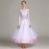 economico Abbigliamento da Competizione-abito da ballo da sala da donna, elegante abito da competizione in tulle a strati con strass floreali sfumati, per valzer, tango, foxtrot – bianco e rosa