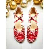 billige 1920-tallet &amp; Gatsby-epoken-Røde metalliske latinske dansesko til dame - profesjonelle ballroom salsa tango sandaler med stroppedesign og høye hæler for konkurranse eller opptreden