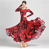 abordables Standard  Ballroom-Animal Print Off-Shoulder Ballroom Dance Dress for Women - Long Sleeve A-Line Gown for Competitions, Latin, and Dance Events