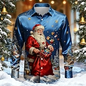 levne Pánská saténová košile-Vánoce Pánské Ježíšek Vánoční stromek Sob Košile Saténová košile Košile k obleku Dlouhý rukáv Móda pro volný čas Venkovní Párty Dovolená Jaro Podzim Přehnutý 3D tisk Košile na knoflíky Světle modr