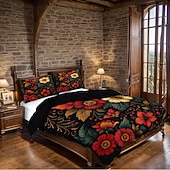 Χαμηλού Κόστους Σετ παπλωματοθήκης-Σετ παπλωματοθήκης 3 τεμαχίων με ρετρό τρισδιάστατη εκτύπωση λουλουδιών από πούπουλα για κρεβάτι queen size, μαλακό κοντό βελούδινο κάλυμμα παπλώματος με 2 μαξιλαροθήκες - κλινοσκεπάσματα υπνοδωματίου