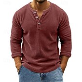 preiswerte Lässige T-Shirts für Herren-Herren T Shirt Cordhemd Henley Hemd T-Shirt Langarm Henley Frühling Herbst Einfach Mode Designer Basic Knöpfe Urlaub Straße Ausgehen Wein Top T-Shirt für Herren