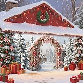 abordables Housses de porte de garage de Noël-Couverture de porte de garage de Noël, arche d&#039;arbre de Noël, neige et boîtes-cadeaux, grande toile de fond suspendue, bannière murale de vacances extérieure, décoration de fête à domicile, décor