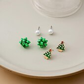 abordables Anillos de mujer-Conjunto de pendientes navideños: colección de joyas navideñas con lazos rojos y verdes, Papá Noel, árbol de Navidad y perlas.