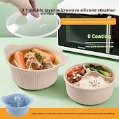 זול Grills &amp; בישול בחוץ-סיר אידוי סיליקון למיקרוגל 42oz, 3 תאים, סיר אידוי סיליקון 4 ב-1 עם ידית ומכסה לירקות, דגים, הכנת ארוחות, מזון לתינוקות, תנור &amp;בטוח למדיח כלים, קל לניקוי
