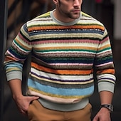billige 3D-gensere for menn-Herre Horisontale strips Genser Gensere Langermet Genser Crewneck Vintage retro Trykt mønster Ferie Ut på byen Festival Trykt mønster Høst Vinter