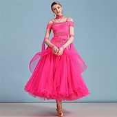 Недорогие Стандартный бальный зал-женское платье для бальных танцев, ярко-розовое, с цветочной аппликацией из страз, многослойной органзы, элегантное, для выступлений на соревнованиях по вальсу, танго, фокстроту