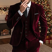  Men's Wedding Party Velvet Suits Peaked Lapel Yellow Burgundy Formal Solid Colored Tailored Fit 3 Piece Single Breasted One-button