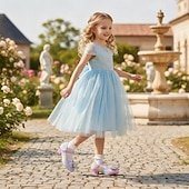 olcso Gyerek hercegnőcipők-Csillámos, szivárványszínű lányka balerinacipők masnival és gyöngy bokapánttal – aranyos hercegnői cipők