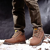 cheap Work Boots-Men's Yellow Faux Leather Work Safety Boots with Shock-Absorbing Sole and Steel-Toe Protection, Durable Construction Boots for Outdoor Labor and Industrial Work