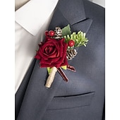 preiswerte Hochzeit ACC-Weihnachts-Ansteckblume und Boutonniere-Set mit roten Rosen für Damen, elegantes florales Armband und Anstecknadel mit Tannenzapfen &amp;Beeren für die Weihnachtsfeier &amp;Winterhochzeit