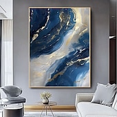 economico Quadri astratti-dipinto a olio fatto a mano su tela, decorazione artistica da parete astratta blu dorato per la casa, soggiorno, camera da letto, decorazione con cornice allungata, dipinto appeso/dipinto arrotolato